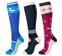 Harrison Howard 3 pares de calcetines de equitación de alta calidad para mujer, Azul/negro rayas verdes/racor rosa rojo, L