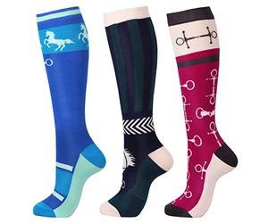 Harrison Howard 3 pares de calcetines de equitación de alta calidad para mujer, Azul/negro rayas verdes/racor rosa rojo, L