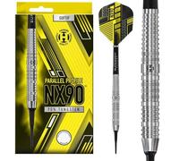 Harrows NX90 - Juego de dardos paralelos profesionales de punta suave, 90% tungsteno, 18 g y 20 g, juego de 10 piezas con ejes negros Supergrip Midi y plumas NX90 (forma paralela, 18 g)