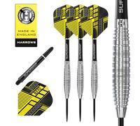 Harrows NX90 - Juego de dardos profesionales con forma de bomba y paralelo, 90 % de acero de tungsteno, todos los pesos profesionales, juego de 10 piezas con ejes negros Supergrip Midi y plumas NX90