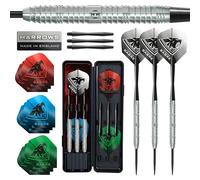 Harrows Sabre - Juego de dardos con punta de acero de tungsteno 90 %, precisión profesional, 21 g a 26 g, paquete de 23 piezas con ejes de repuesto, vuelos de maratón y estuche de viaje, probado por