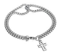 Harry and Henry Pulsera de cruz de plata para hombre, pulsera de cruz de acero inoxidable, pulsera de cadena de eslabones cubanos, pulsera de cadena en capas, regalo de cumpleaños, Adjustable, Metal