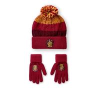 Harry Potter Conjunto de gorro y guantes Potter para niños | Gorro de invierno de punto rojo y amarillo unisex con escudo de Gryffindor | Gorro con pompón de talla única con guantes
