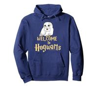 Harry Potter Hedwig Welcome to Hogwarts Sudadera con Capucha, Unisex para Adultos, Azul Marino, M