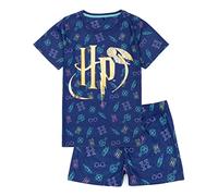 Harry Potter Pijamas Infantiles | Conjunto de Camiseta de Manga Corta en Azul Marino con Gafas de Mago, hechizos, Logo Dorado de HP y Hogwarts | Ropa mágica