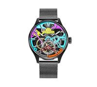 Harry Williams Reloj mecánico de esqueleto para hombre, 3 manecillas, reloj de pulsera automático, resistente al agua, 5 ATM, diseño de graffiti e ingeniería de precisión, Negro con correa de acero