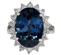 HARSHALI GEMS Anillo solitario ovalado natural de 10,45 quilates con topacio azul Londres y halo de diamante, oro blanco de 14 quilates, piedra preciosa, oro blanco