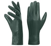 Harssidanzar Guantes de cuero para mujer, forro polar cálido de invierno, pantalla táctil, acabado vintage GL018,Cazador Verde,talla L