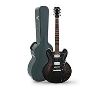Hartwood Revival Semi Acoustic Guitar & Hard Case, Jet Black | Incluye Estuche Rígido, Puente Fijo de Afinación Estable y Sustain, Cuerpo Semi Hueco de Tilo, Jet Black