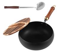 Harupink Sartén de hierro sin recubrimiento de 24 cm, ollas tradicionales de hierro forjado a mano con tapa de madera y espátula, recipiente de cocina versátil, distribución uniforme del calor, olla