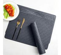 HaruYo Set de 4 Salvamanteles Tejidos de Piel PU, Doble Cara, Lavable, Forma Cuadrada, Antimanchas, Resistente al Calor, Antirayaduras, Impermeable, Suave y Flexible, Diseño Moderno,Azul grisáceo