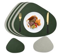 HaruYo Set de 6 Salvamanteles de Piel PU, Doble Cara, Lavable, Forma de Lágrima, Antimanchas, Resistente al Calor, Antirayaduras, Impermeable, Suave y de Diseño Moderno,Verde y Gris