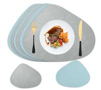 HaruYo Set de 6 Salvamanteles de Piel PU, Doble Cara, Lavable, Forma de Lágrima, Antimanchas, Resistente al Calor, Antirayaduras, Impermeable, Suave y de Diseño Moderno,Gris Claro y Azul pálido