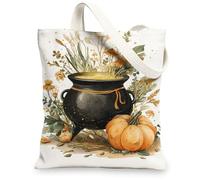 Harvest Cauldron - Bolsa de lona reutilizable con diseño floral de calabaza de temporada, ecológica, ligera, lavable, Blanco, 13x15 Inch