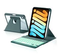 Harvopu Funda con teclado para iPad mini 7 A17 Pro/6 Generation 2024/2021 de 8.3 pulgadas, cubierta trasera transparente giratoria de 360° con teclado desmontable retroiluminado de 7 colores, soporte