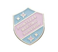 HARY Insignia de metal con texto en inglés "Meaningless Meeting Survivor", letras geométricas del alfabeto, modelado de escudo, moda en el lugar de trabajo, serie de logros personalizables, Reino
