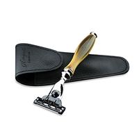 Haryali London Afeitadora de 3 bordes con mango de cuerno y funda de piel.