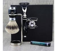 Haryali London Black - Juego de afeitado para hombre (3 Edge Cartridge Razor, brocha de afeitar con punta plateada, soporte de afeitado y lápiz de aramica)