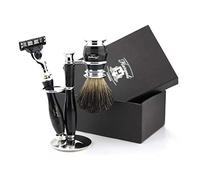 Haryali London Black - Juego de afeitado para hombre (incluye 3 bordes de afeitar, cepillo de pelo de tejón negro y soporte para afeitar)