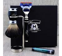 Haryali London Black Luxury - Juego de afeitado para hombre (navaja de afeitar, brocha de afeitar, soporte y lápiz de aluminio)