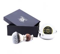 Haryali London Brocha de afeitar - Brocha de afeitar vegana - Bandeja de afeitar - Jabón de afeitar - Juego de 3 piezas - Mango de madera, Metal - Bandeja de afeitar de acero inoxidable - Pelo