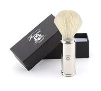 Haryali London Brocha de afeitar de viaje para hombre - Pelo de tejón blanco denso y duradero, mango largo de acero niquelado