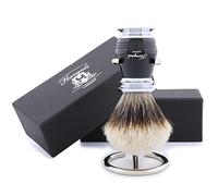 Haryali London Brocha de afeitar - Juego de 2 piezas con brocha de afeitar - Brocha de afeitar de pelo de tejón - Punta plateada - Soporte de acero inoxidable perfecto para el afeitado - Elegante