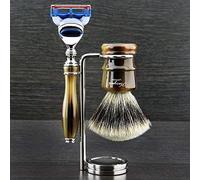Haryali London Horn Replica - Juego de afeitado para hombre (incluye navaja de afeitar de 5 cantos, brocha de afeitar de pelo de tejón plateada y soporte para afeitar)