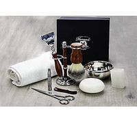 Haryali London Juego de 10 piezas de afeitado, brocha de afeitar de pelo sintético, 5 bordes, bandeja de afeitar y jabón, tijeras, recortador de vello nasal, soporte de afeitado, bloque de aluminio,