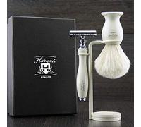 Haryali London - Juego de afeitado (3 piezas, maquinilla de afeitar de doble borde, brocha de afeitar de pelo de tejón, soporte de afeitado)