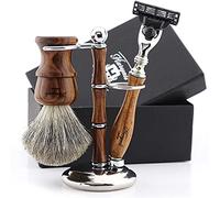 Haryali London Juego de afeitado - Maquinilla de afeitar - Brocha de afeitar de pelo de tejón - 3 bordes - Maquinilla de afeitar - Juego de maquinilla de afeitar de madera - Juego de 3 piezas