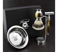 Haryali London - Juego de afeitado para hombre, 4 unidades, con punta plateada, brocha de afeitar, soporte y bandeja de afeitar, diseño de cuerno