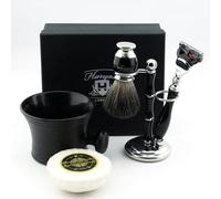 Haryali London - Juego de afeitado para hombre (5 filos con cepillo de afeitar de pelo de tejón negro, soporte, jabón y taza, perfecto regalo de Año Nuevo para hombres