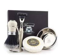Haryali London - Juego de afeitado para hombre (5 piezas, incluye 3 cartuchos, cepillo de afeitado de pelo sintético negro, soporte, cuenco y jabón, regalo perfecto para hombres
