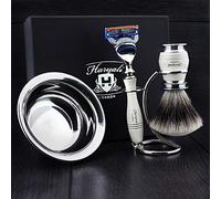 Haryali London Juego de afeitado para hombre con cuchilla de 5 cantos, brocha de pelo de tejón con punta plateada, soporte de afeitado y bandeja de afeitar, kit de afeitado perfecto