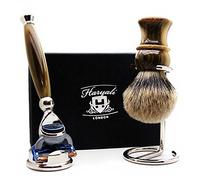 Haryali London Juego de afeitado para hombre con cuchilla de 5 cantos, brocha de pelo de tejón con punta plateada, soporte para brochas y soporte para afeitar.