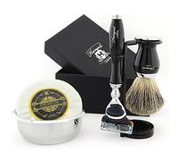 Haryali London Juego de afeitado para hombre con navaja de afeitar con 5 cuchillas, brocha, soporte, jabón y bandeja de afeitado