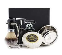 Haryali London - Juego de afeitado para hombre (doble filo) con cepillo de afeitar de pelo sintético de tejón, soporte, jabón y cuenco, regalo perfecto para hombres
