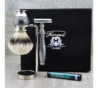 Haryali London - Juego de afeitado para hombres, maquinilla de afeitar de seguridad, punta plateada, soporte de cepillo de tejón, varilla de alumbre