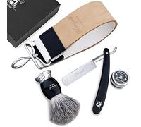 HARYALI LONDON - Juego de afeitado vintage para hombre (navaja de garganta de corte recto, cepillo de afeitar de pelo de tejón, estropajo de cuero con pasta/bálsamo)