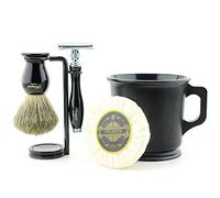 Haryali London - Juego de brochas de afeitar, brocha de afeitar, soporte de afeitar, jabón de afeitar, 5 piezas, juego de brochas de afeitar de pelo de tejón real - Juego de maquinilla de afeitar negra