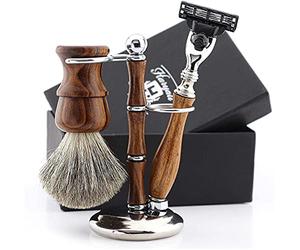 Haryali London Kit de afeitado, 3 piezas, juego de afeitado manual de madera para el aseo de los hombres, maquinilla de afeitar de 3 bordes, el mejor cepillo de afeitar de pelo de tejón, completo con