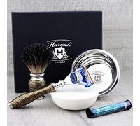 Haryali London - Kit de afeitado de 5 piezas para hombre, afeitadora de seguridad, cepillo de pelo de tejón negro, cuenco, jabón y alumno, perfecto regalo para hombres