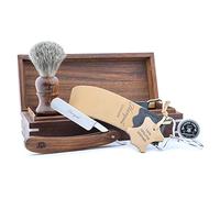 Haryali London Classic Collection - Caja de madera para peluquería y peluquería de corte recto, cepillo de afeitar de madera de tejón negro, estropajo de cuero, pasta de afilar, juego de 5 piezas de