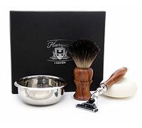 Haryali London Kit de afeitado de madera de 3 filos, cepillo de pelo de tejón negro, jabón y cuenco perfecto para hombres