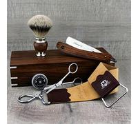 Haryali London Kit de afeitado de madera hecho a mano con estropajo de cuero, cepillo de tejón de punta plateada, maquinilla de afeitar recta, tijeras, pasta de pasta de pasta viene en caja de madera