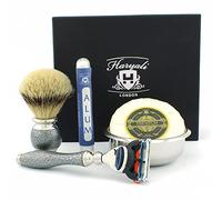 Haryali London Kit de afeitado - Juego de 5 brochas de afeitar, plateado antiguo, juego de afeitado, cepillo de afeitar de tejón, cuchilla de afeitar de 5 filos, jabón de afeitar, cuenco de afeitar,