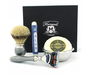 Haryali London Kit de afeitado - Juego de 5 brochas de afeitar, plateado antiguo, juego de afeitado, cepillo de afeitar de tejón, cuchilla de afeitar de 5 filos, jabón de afeitar, cuenco de afeitar,