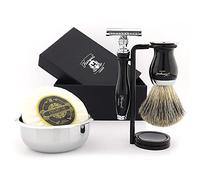 Haryali London Kit de afeitado, kit de afeitado 5 en 1 para hombres, maquinilla de afeitar de seguridad de doble filo, juego de brochas de afeitar de pelo de tejón, jabón de afeitar, cuenco de afeitar