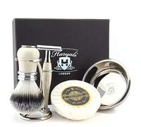 Haryali London Kit de afeitado - Kit de afeitado de 5 piezas - Maquinilla de afeitar de seguridad de doble filo - Cepillo de afeitar de pelo sintético - Jabón de afeitar - Cuenco de afeitar - Soporte